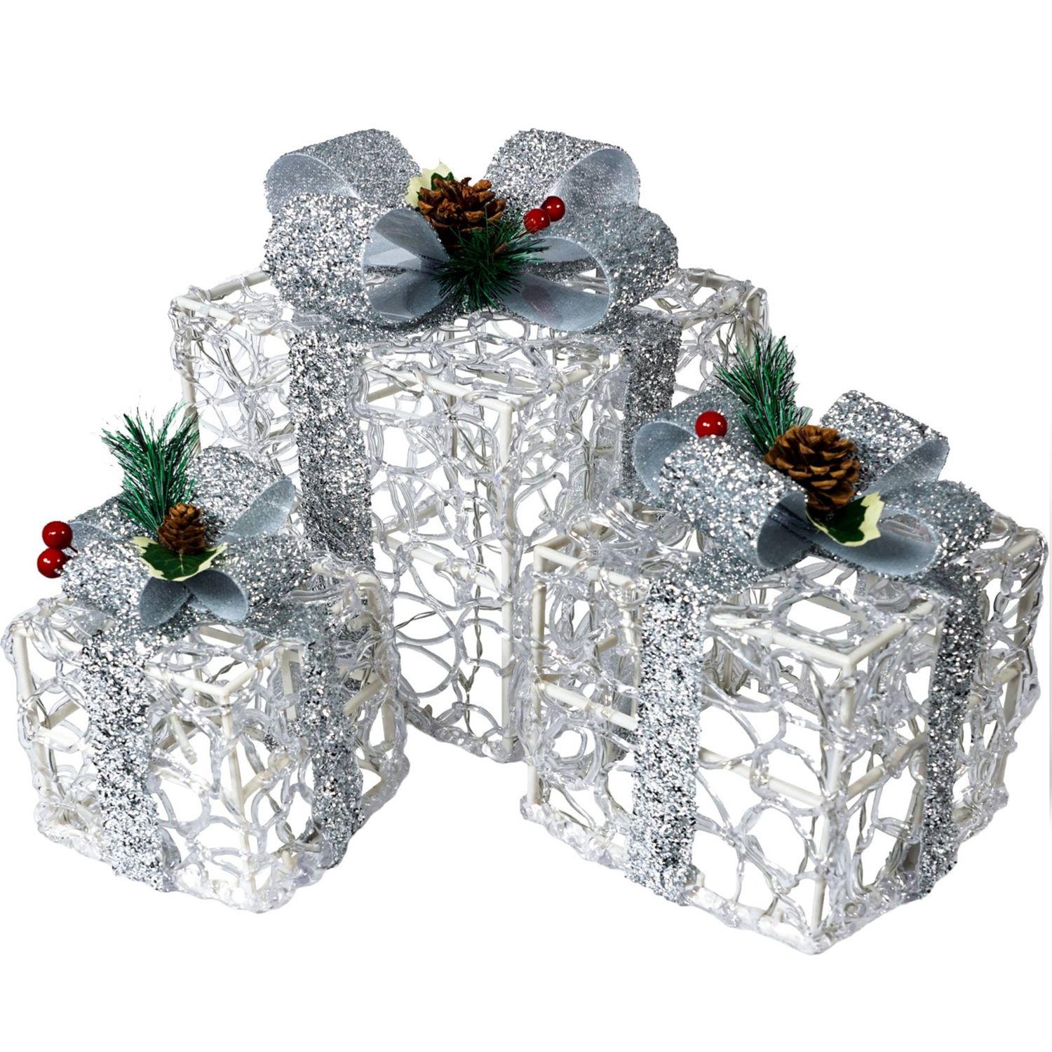 Festive Set of 3 LED Light Up Christmas Boxes, Battery Operated with Timer, 8 Patterns, 60 LED's