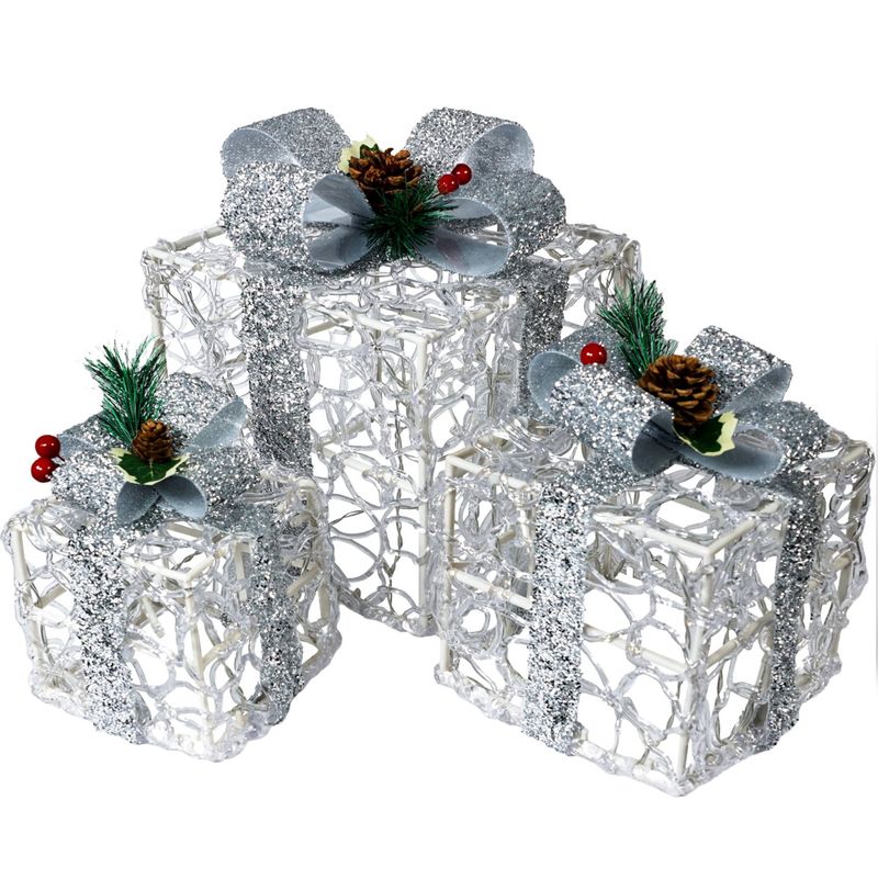 Festive Set of 3 LED Light Up Christmas Boxes, Battery Operated with Timer, 8 Patterns, 60 LED's