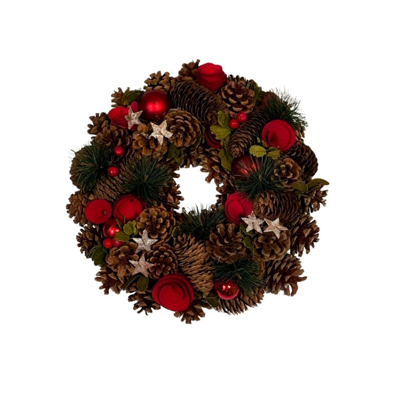 Beautiful Red Bauble, Rose & Star Wreath - Natural Craft Christmas Festive Decoration for Home and Garden, Indoor & Outdoor Use 38cm