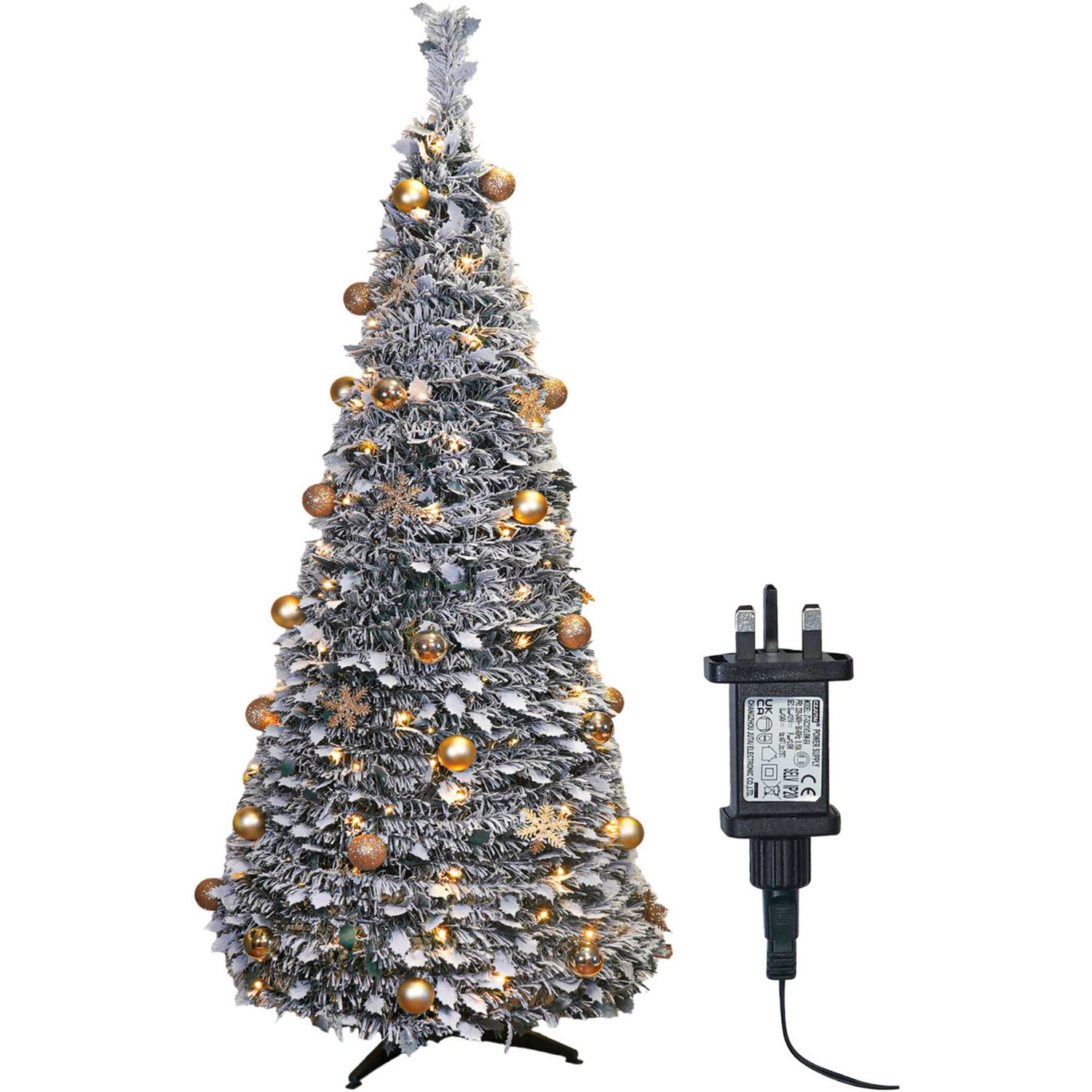 Elegant Pop-Up Pre-Lit Christmas Tree with Gold Baubles, 200 Warm LED Lights, Frosted Leaves 2.1m