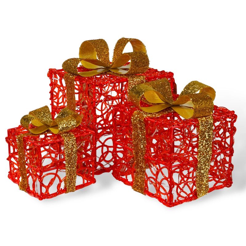 Festive Set of 3 LED Light Up Christmas Boxes Battery Operated with Timer, 8 Patterns, 60 LEDs