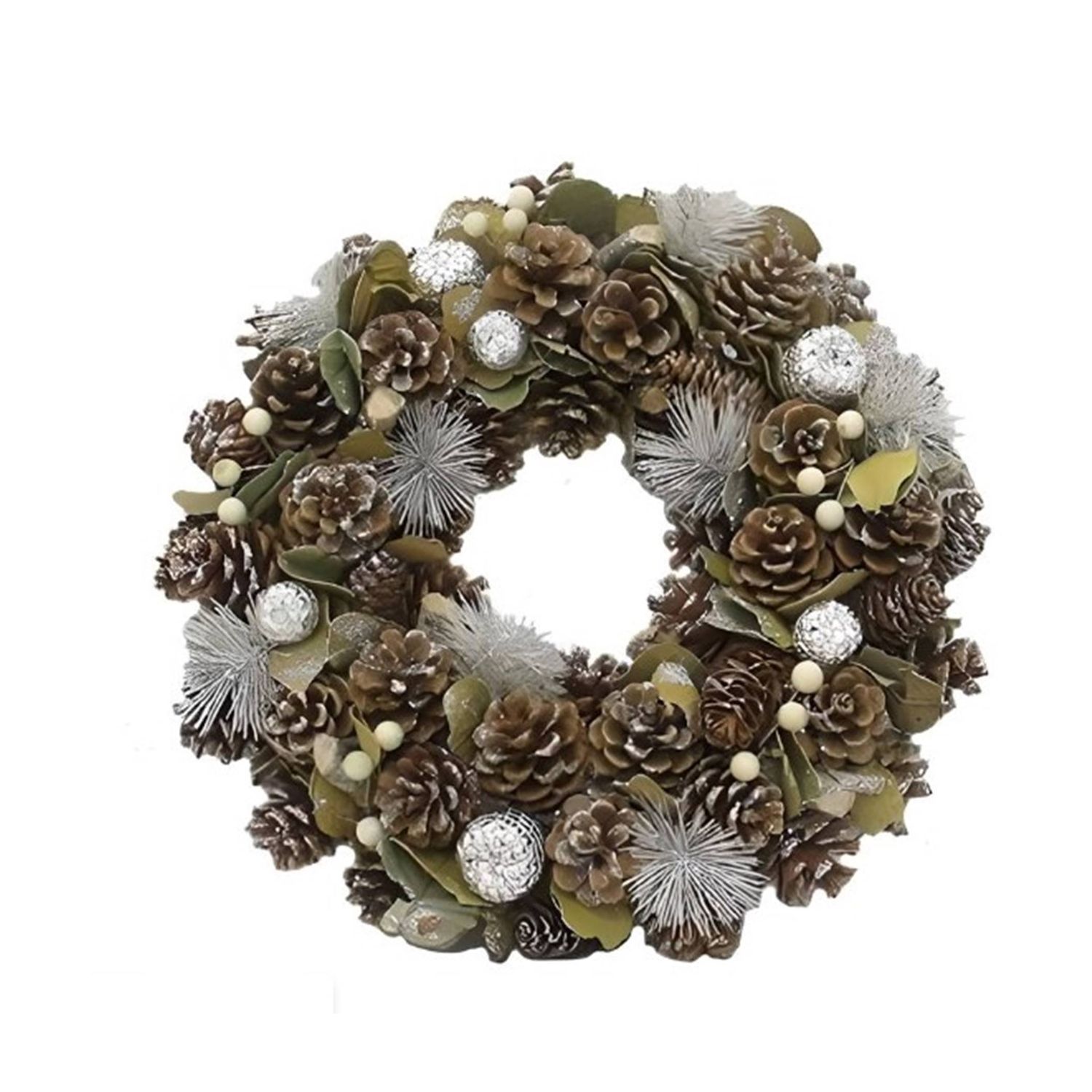 Silver Diamond Bauble & Cone Christmas Wreath - Customised Natural Craft Round Decoration for Indoor & Outdoor Use, 38cm