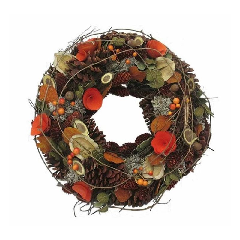 Elegant Autumn Log and Rose Wreath - Handcrafted Natural Pine Cones, Rattan, Wood Chips, Foam Ring, for Indoor and Outdoor Décor, 38cm