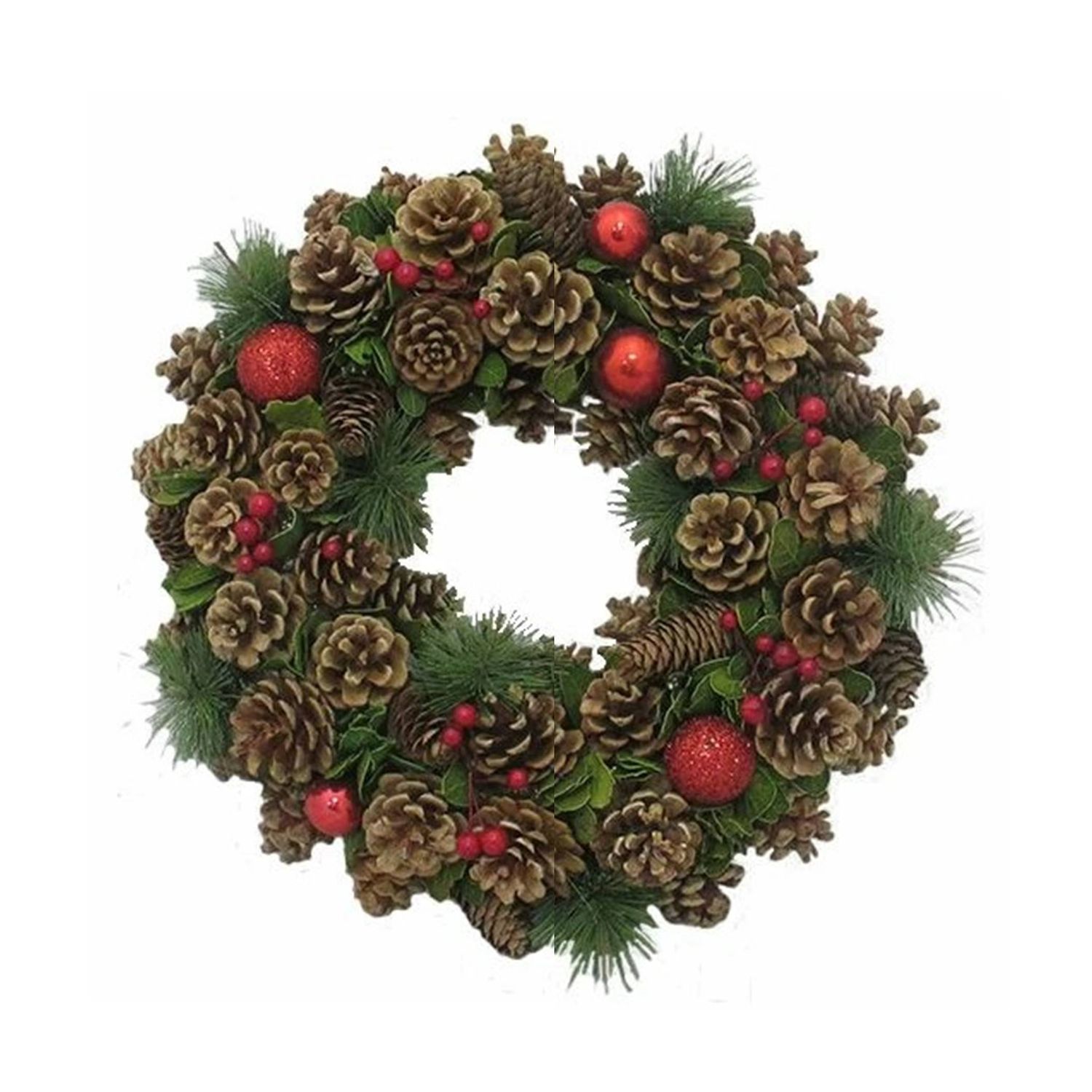 Natural Cone & Red Bauble Christmas Wreath - Festive Winter Decor for Home, Indoor & Outdoor Use, 38cm