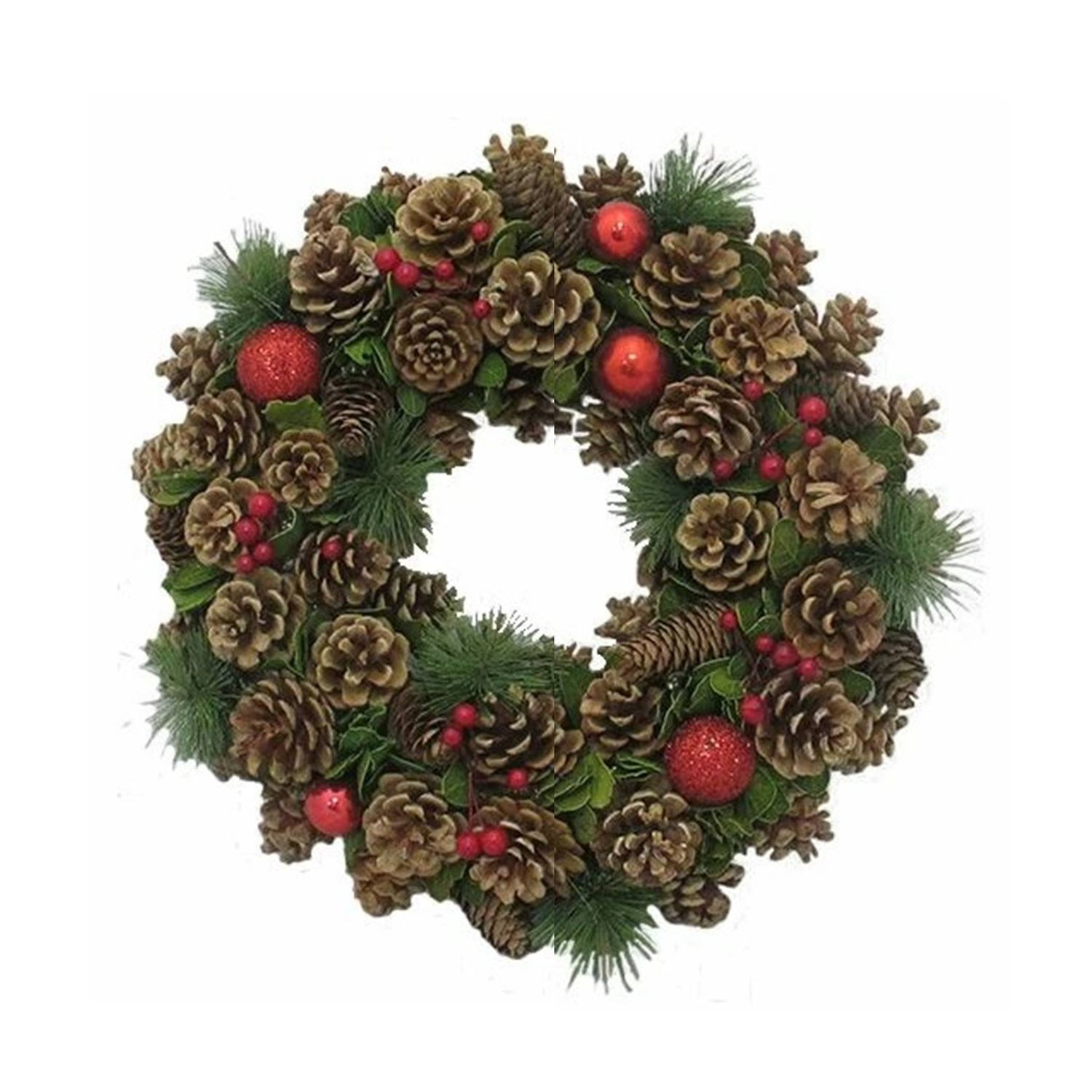 Natural Cone & Red Bauble Christmas Wreath - Festive Winter Decor for Home, Indoor & Outdoor Use, 30cm