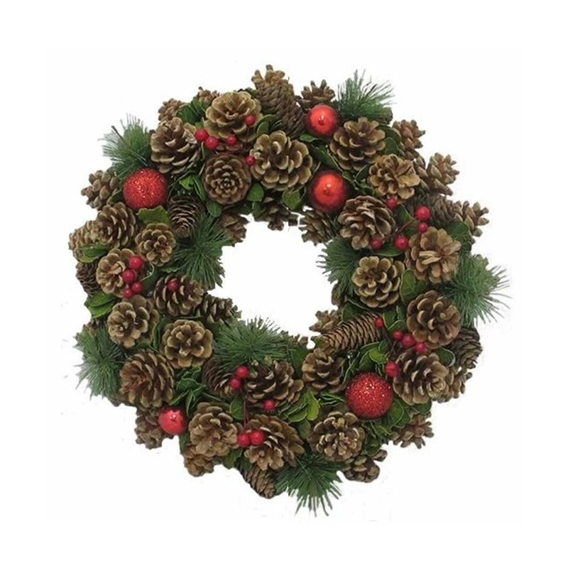 Natural Cone & Red Bauble Christmas Wreath - Festive Winter Decor for Home, Indoor & Outdoor Use, 30cm