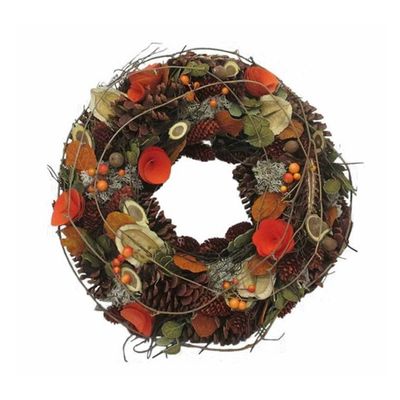 Elegant Autumn Log and Rose Wreath - Handcrafted Natural Pine Cones, Rattan, Wood Chips, Foam Ring, for Indoor and Outdoor Décor, 30cm