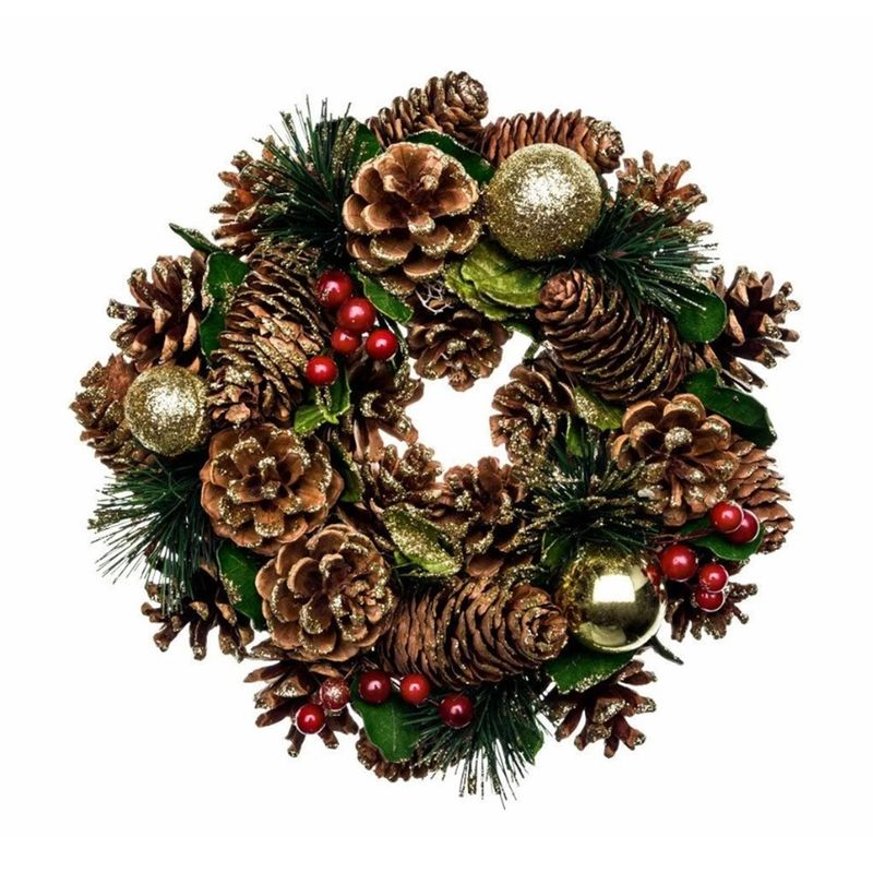 Stunning Gold Bauble & Pine Cone Christmas Wreath - Handcrafted Natural Craft Decoration for Home & Garden, 30cm