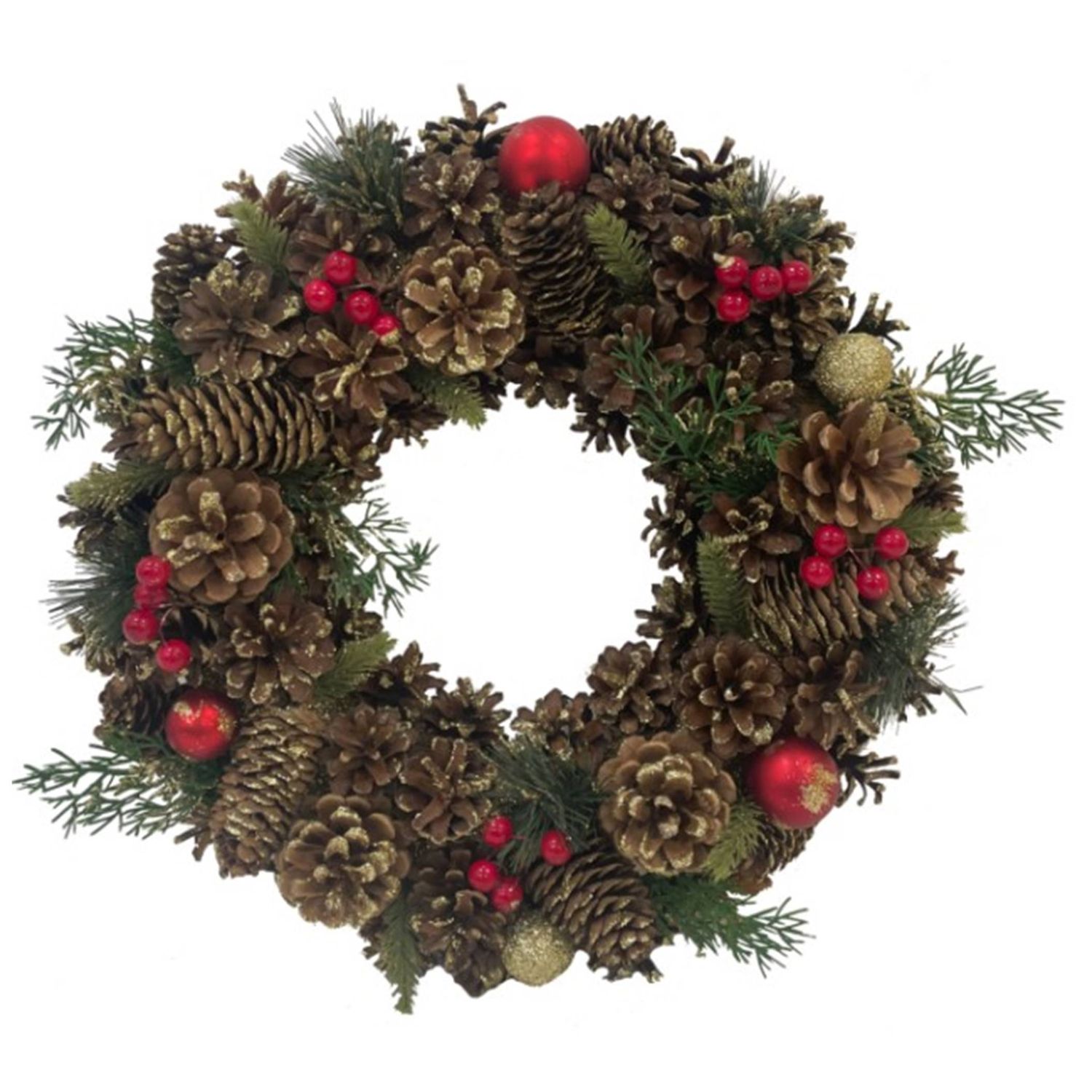 Festive Red Bauble, Fern & Pine Cone Wreath, Festive Christmas Wreath, Indoor/Outdoor Use, 30cm