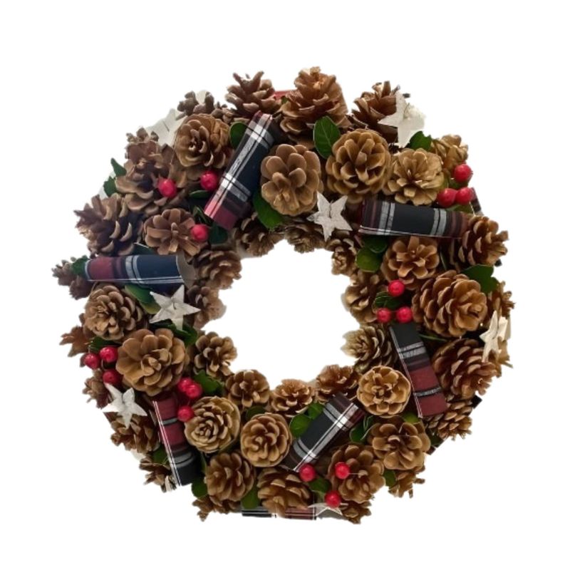 Elegant Ribbon, Star & Berry Wreath –Festive Decoration – Perfect for Home & Garden – Indoor/Outdoor Use, 30cm