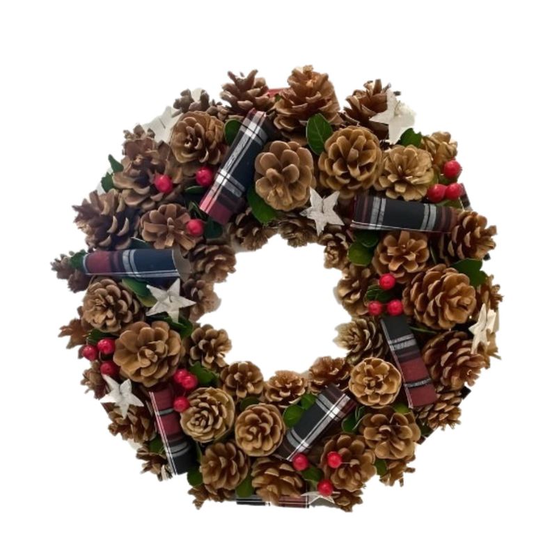 Elegant Ribbon, Star & Berry Wreath –Festive Decoration – Perfect for Home & Garden – Indoor/Outdoor Use, 38cm