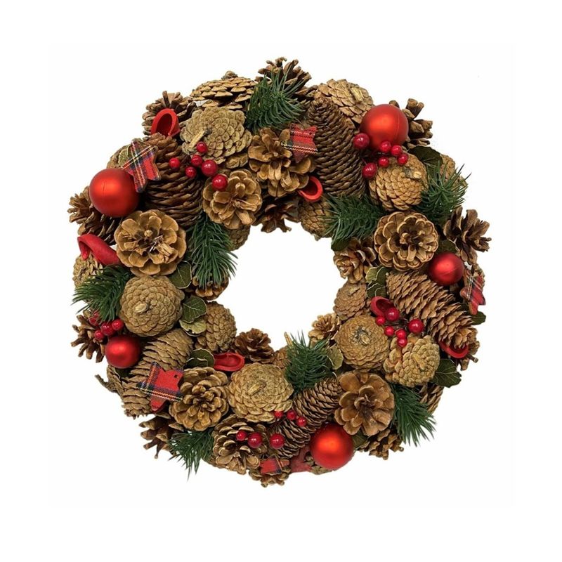 Tartan Star Berry & Cone Wreath – Festive Christmas Decoration for Indoor/Outdoor Use, 30cm
