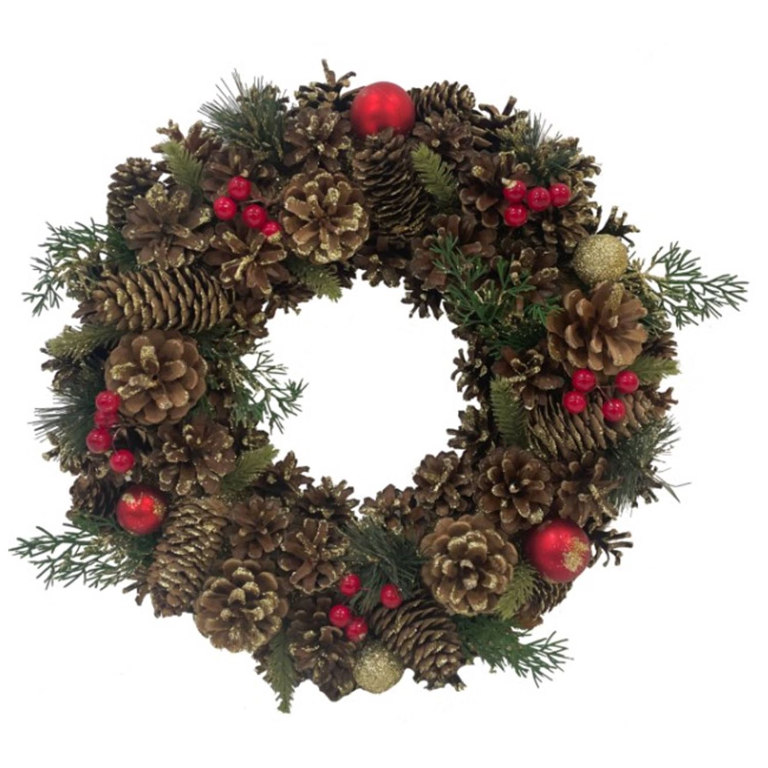 Festive Red Bauble, Fern & Pine Cone Wreath, Festive Christmas Wreath, Indoor/Outdoor Use, 38cm