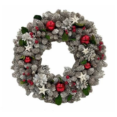 Silver Cone & Red Bauble Wreath – Natural Craft Christmas Festive Decoration, Indoor & Outdoor Use, 30cm