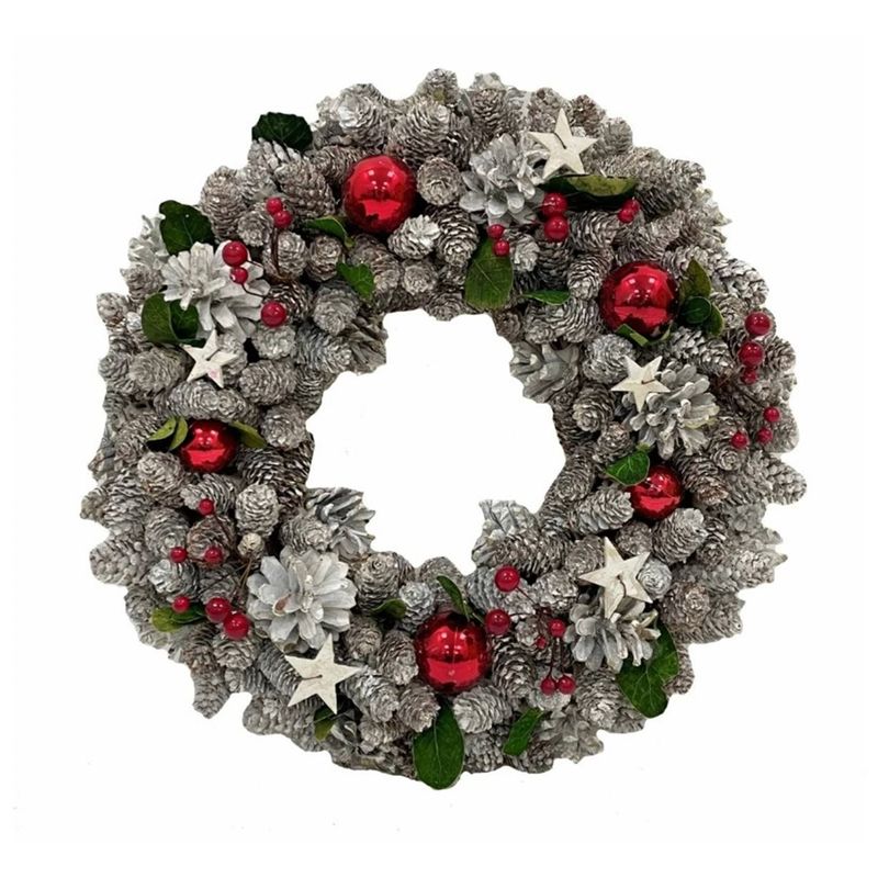 Silver Cone & Red Bauble Wreath – Natural Craft Christmas Festive Decoration, Indoor & Outdoor Use, 30cm