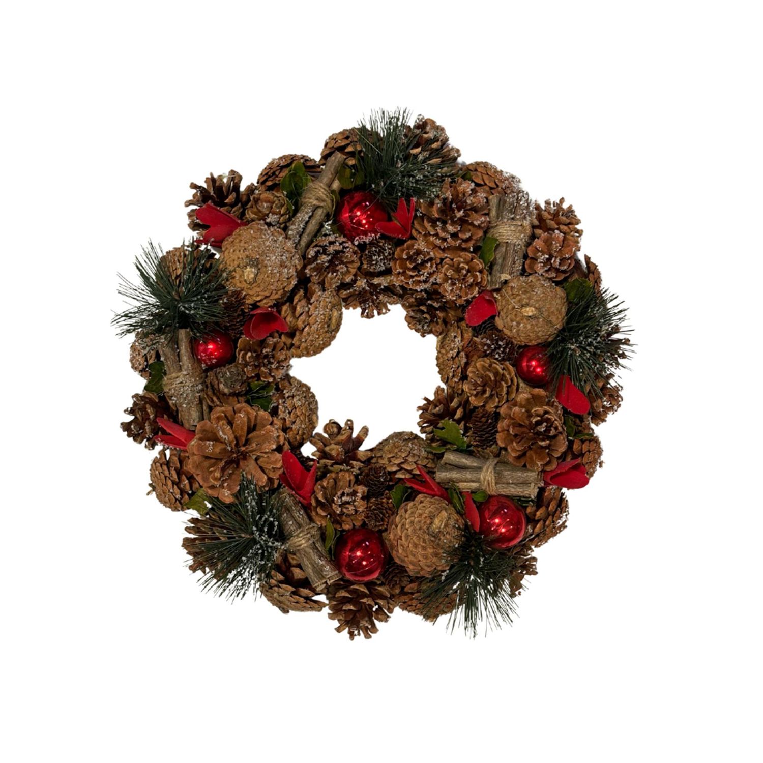 Festive Cinnamon Stick & Red Bauble Wreath – Festive Christmas Wreath, Indoor/Outdoor Use, 38cm