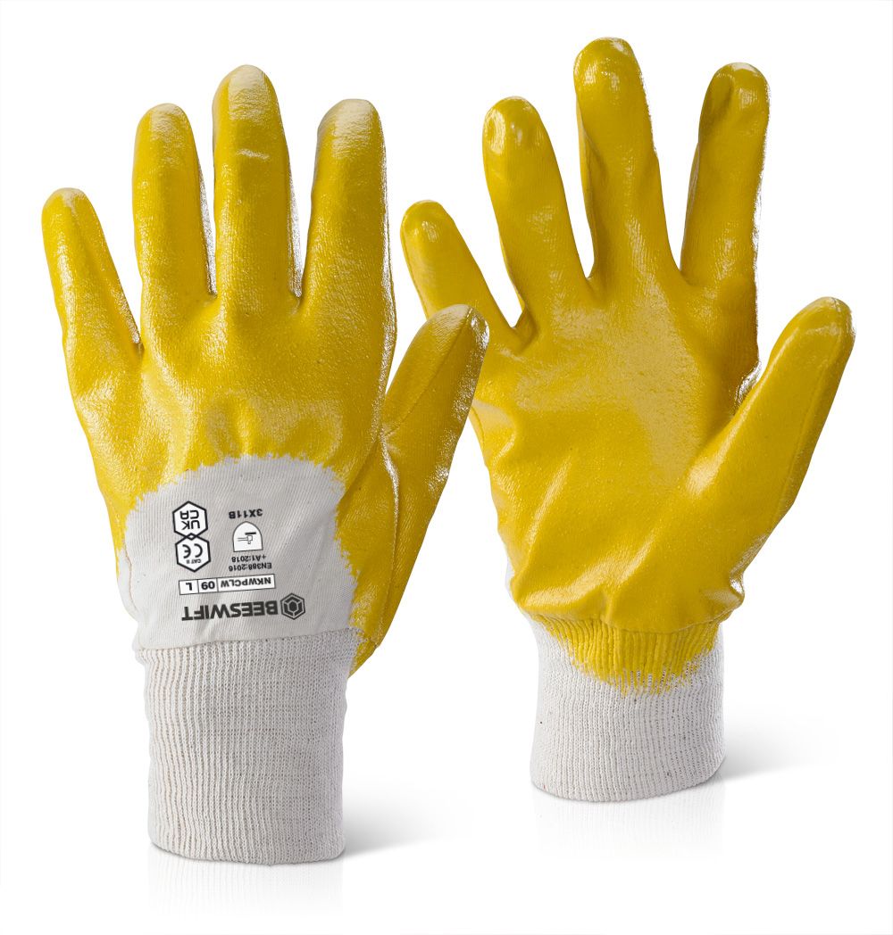 Nitrile Knitted Wrist Palm Coated Light Weight Gloves Yellow (Pack of 10)
