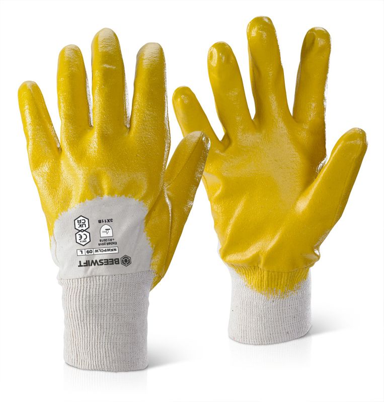 Nitrile Knitted Wrist Palm Coated Light Weight Gloves Yellow (Pack of 10)