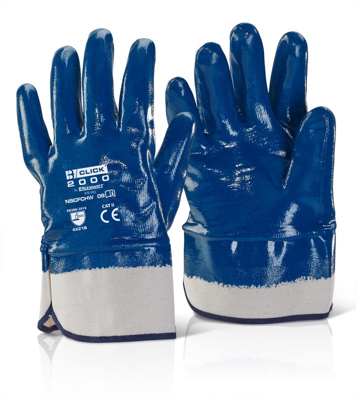 Nitrile Safety Cuff Fully Coated Heavy Weight Gloves Blue (Pack of 10)