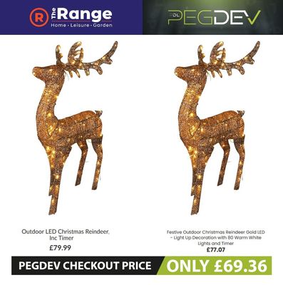 Festive Outdoor Christmas Reindeer Gold LED -  Light Up Decoration with 80 Warm White Lights and Timer