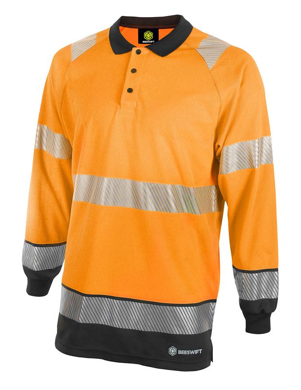 Deltic Hi-Vis Two Tone Long Sleeve Polo Shirt (Orange / Black)