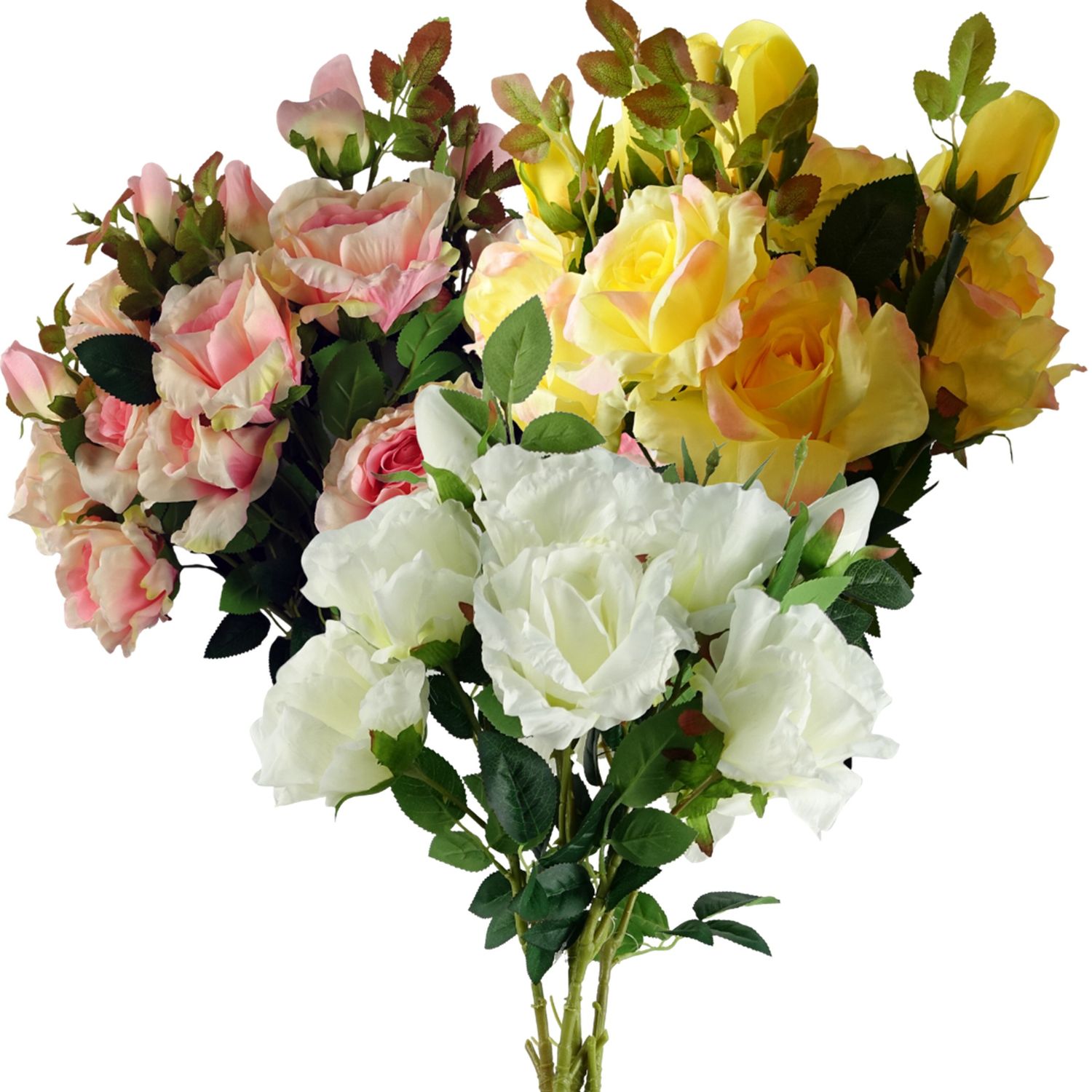 Pack of 6 x 80cm Artificial Rose Stems with 18 Flowers in Yellow, Pink or White