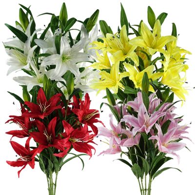 Pack of 6 Artificial Lily Stems 100cm Tall with 18 Silk Flowers Choice of Yellow, Red, Pink or White