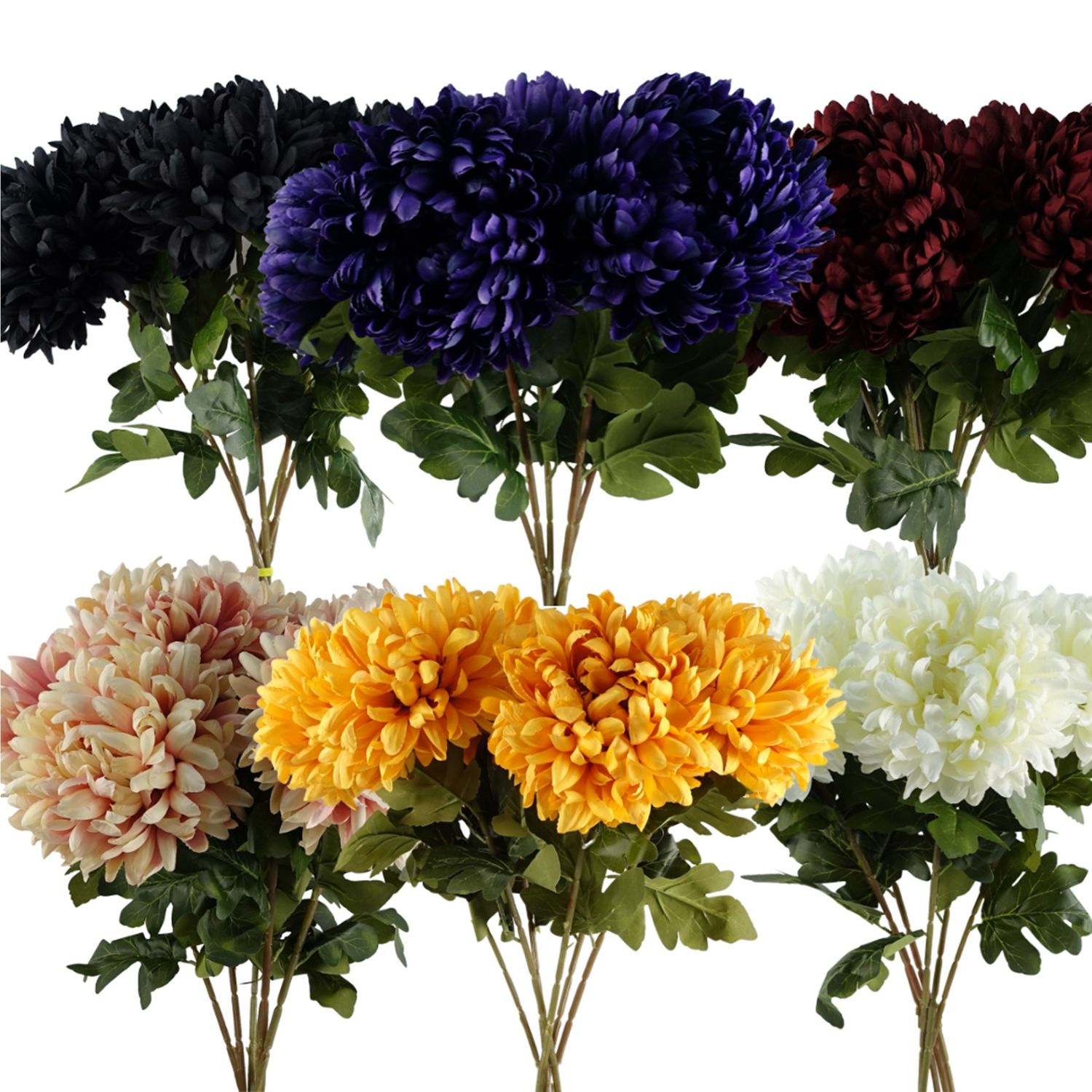 Pack of 6 Extra Large 75cm Reflex Chrysanthemums � Artificial Silk Flowers in Red, Purple, Black, Pink, White or Gold