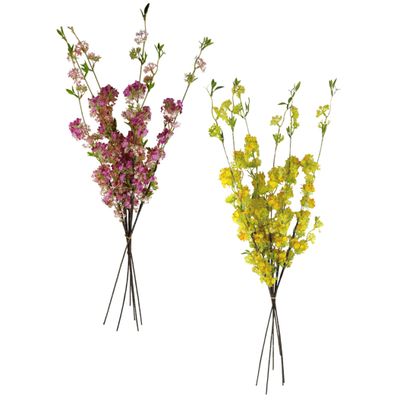 Pack of 6 x 100cm Blossom Spray Stems, Pink or Yellow, with Silk & Plastic Flowers, Wired Shapable Stems