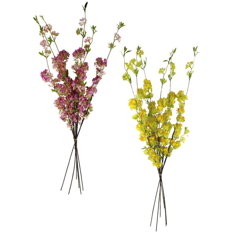 Pack of 6 x 100cm Blossom Spray Stems, Pink or Yellow, with Silk & Plastic Flowers, Wired Shapable Stems