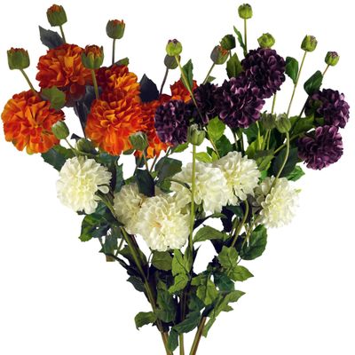 Pack of 6 Artificial Dahlia PomPom Flower Stems 75cm - Choice of Cream, Orange or Purple