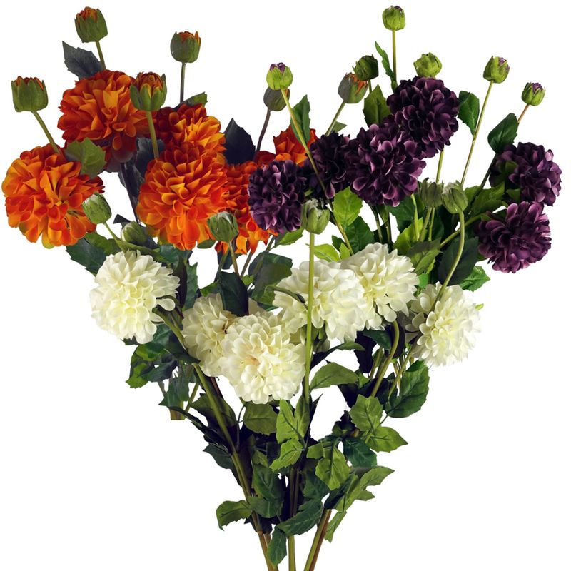 Pack of 6 Artificial Dahlia PomPom Flower Stems 75cm - Choice of Cream, Orange or Purple