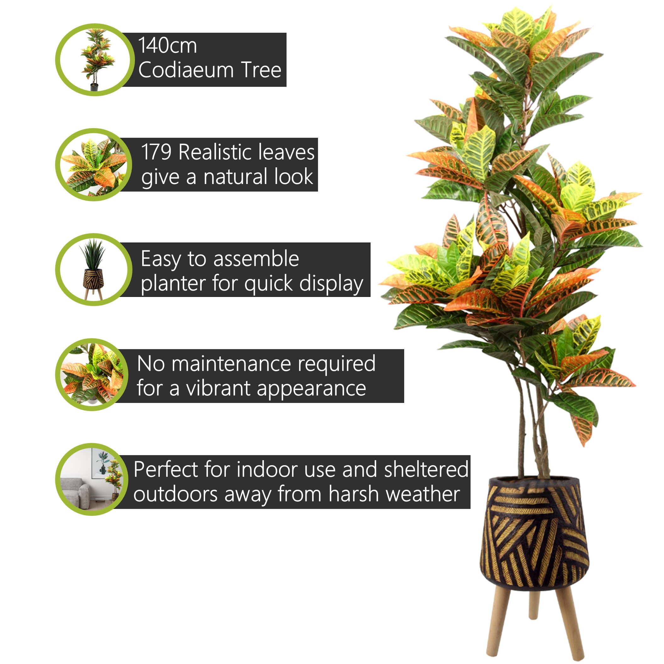 140cm Artificial Codiaeum Tree with 179 Leaves in Rustic Fibreglass Planter – Realistic Indoor Faux Plant for Home or Office