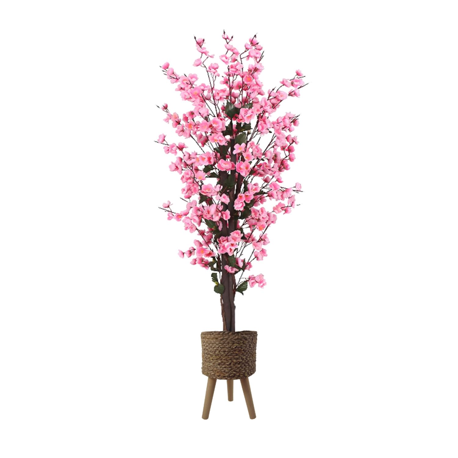 120cm Artificial Pink Blossom Tree with Woven Effect Composite Planter, Realistic Faux Plant for Indoor & Sheltered Outdoor Use