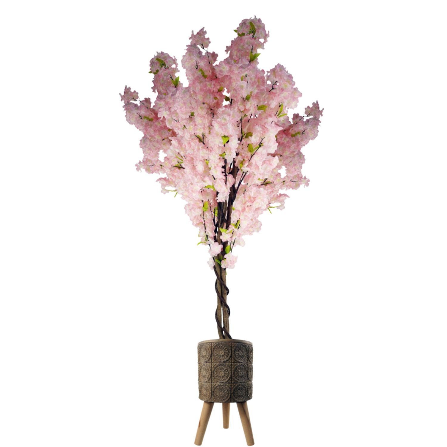 150cm Artificial Pink Cherry Blossom Tree with 40cm Zandi Flowers Fibreglass Planter, Rustic Indoor Plant Pot, Realistic Faux Tree