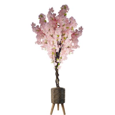 150cm Artificial Pink Cherry Blossom Tree with 40cm Zandi Flowers Fibreglass Planter, Rustic Indoor Plant Pot, Realistic Faux Tree