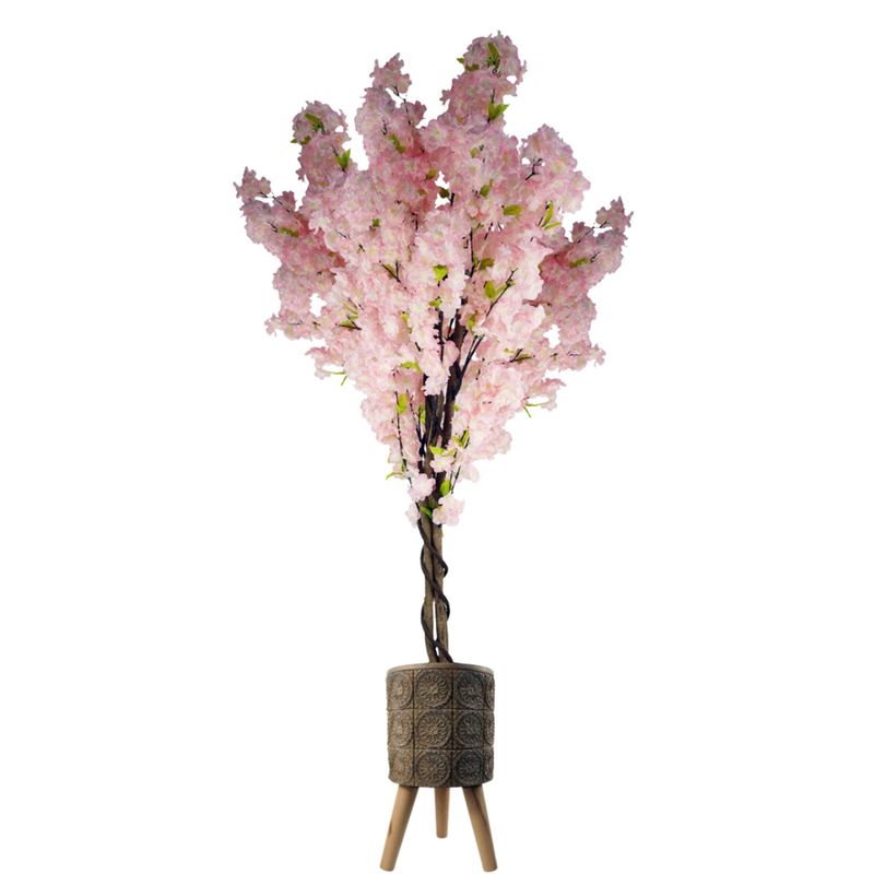 150cm Artificial Pink Cherry Blossom Tree with 40cm Zandi Flowers Fibreglass Planter, Rustic Indoor Plant Pot, Realistic Faux Tree