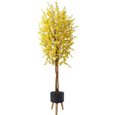 150cm Artificial Forsythia Tree with Yellow Silk Blossoms and Natural Wood Trunk in Large Lunar Black Planter