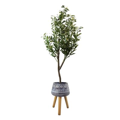 120cm Artificial Olive Tree with Large Blue Rustic Planter – Realistic Faux Plant with Natural Trunk for Home and Office