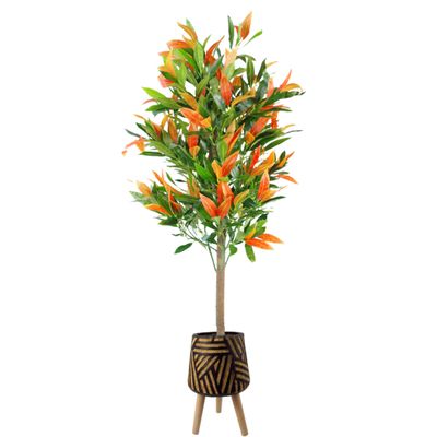 130cm Artificial Red & Green Ficus Tree with Large Rustic Planter Indoor Decorative Plant with Realistic Leaves and Wired Stems