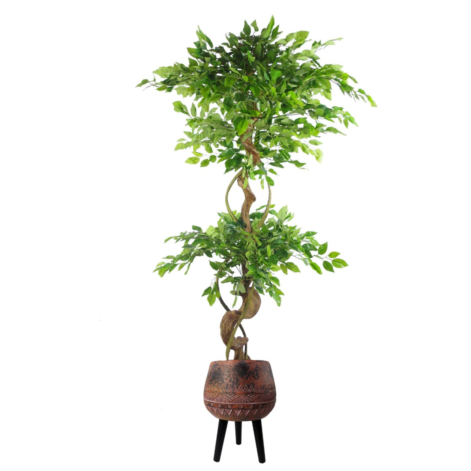 150cm Artificial Japanese Fruticosa Ficus Tree with Twisted Trunk – Realistic Indoor Plant in Large Rustic Brown/Black Planter