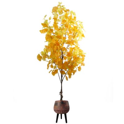 150cm Artificial Yellow Ginkgo Tree with 510 Leaves in Large Rustic Brown Black Planter for Indoor or Sheltered Outdoor Use