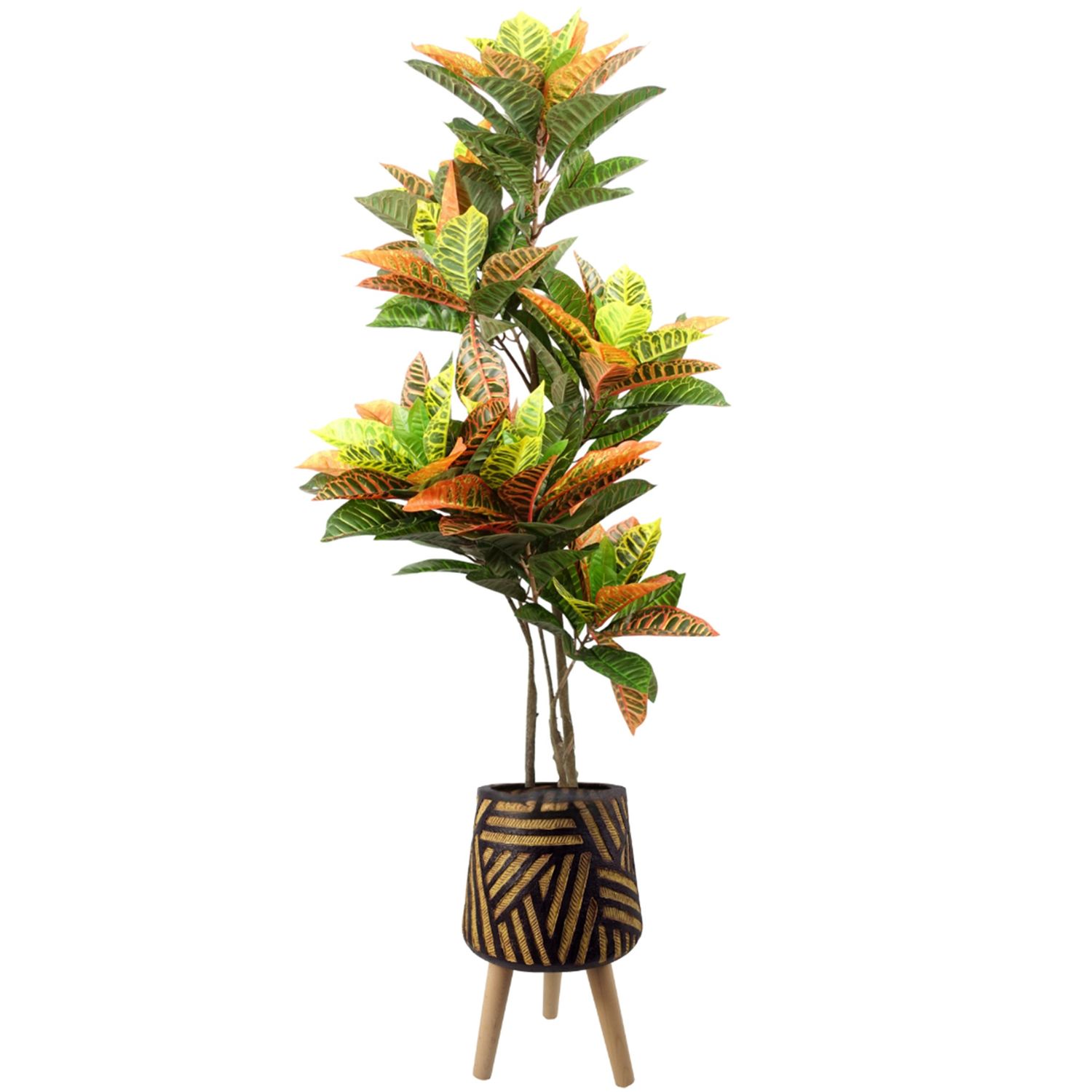 140cm Artificial Codiaeum Tree with 179 Leaves in Rustic Fibreglass Planter – Realistic Indoor Faux Plant for Home or Office