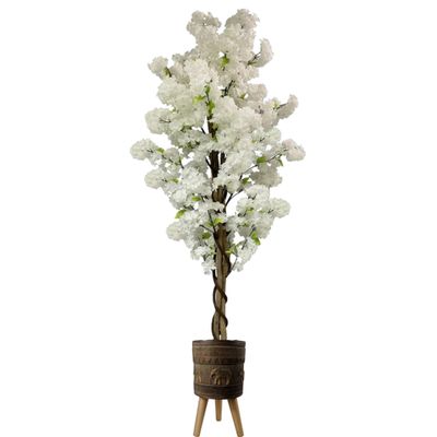 150cm Artificial White Cherry Blossom Tree with Elephant Composite Planter, Fibreglass Rustic Style, Indoor & Outdoor Use