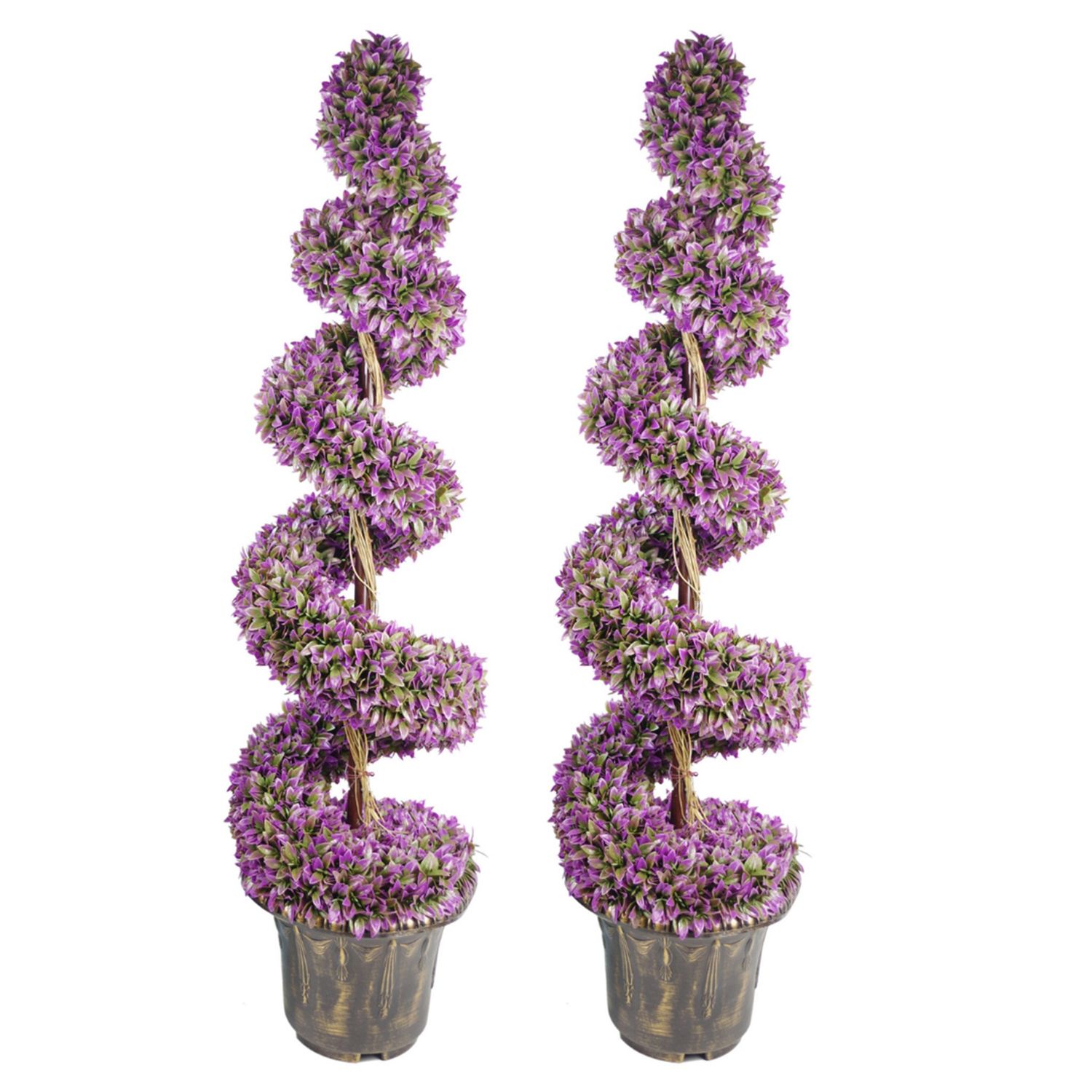Pair of 120cm Purple Artificial Boxwood Spiral Trees with Large Leaves – Realistic Topiary for Indoor/ Outdoor with Planters