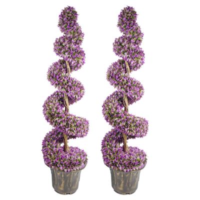 Pair of 120cm Purple Artificial Boxwood Spiral Trees with Large Leaves – Realistic Topiary for Indoor/ Outdoor with Planters