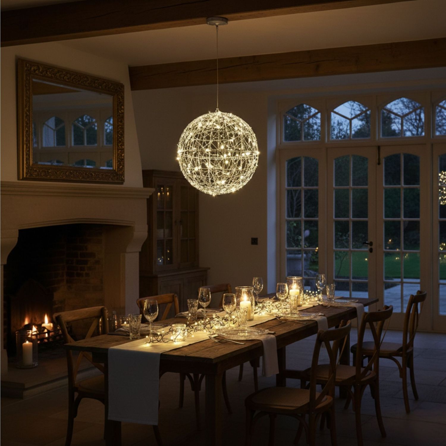 30cm Silver Christmas Hanging Ball 160 Warm White LED Lights Outdoor Decoration