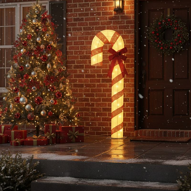 Festive Outdoor LED Candy Cane Decoration Warm White Lights 120cm or 150cm Durable Frame with Flashing LEDs for Christmas Display