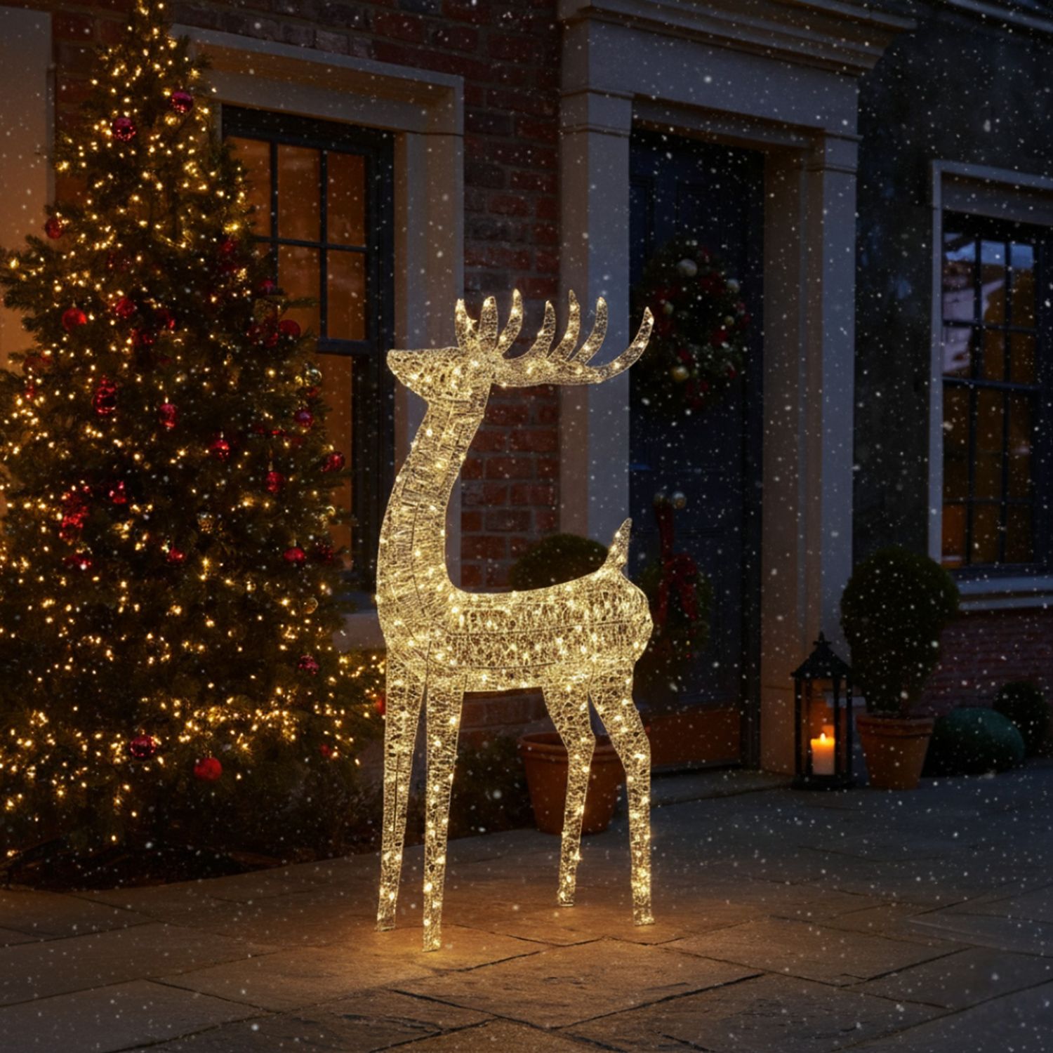 Outdoor 118cm Metal Silver Deer with 600 Warm White LEDs and Silver PVC Strip Christmas Garden Festive Decoration Outdoor 118cm Metal Silver Deer with 600 Warm White LEDs and Silver PVC Strip Christmas Garden Festive Decoration