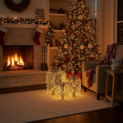 Set of 3 Outdoor Christmas Gift Box Decorations Warm White LED Lights 100L Silver Metal Festive Garden Display with Ground Pegs Set of 3 Outdoor Christmas Gift Box Decorations Warm White LED Lights 100L Silver Metal Festive Garden Display with Ground Pegs